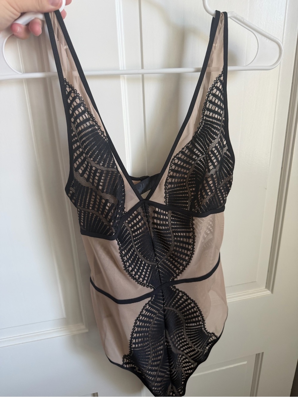 ThirdLove Nude and Black Lace-Trim Sheer Bodysuit